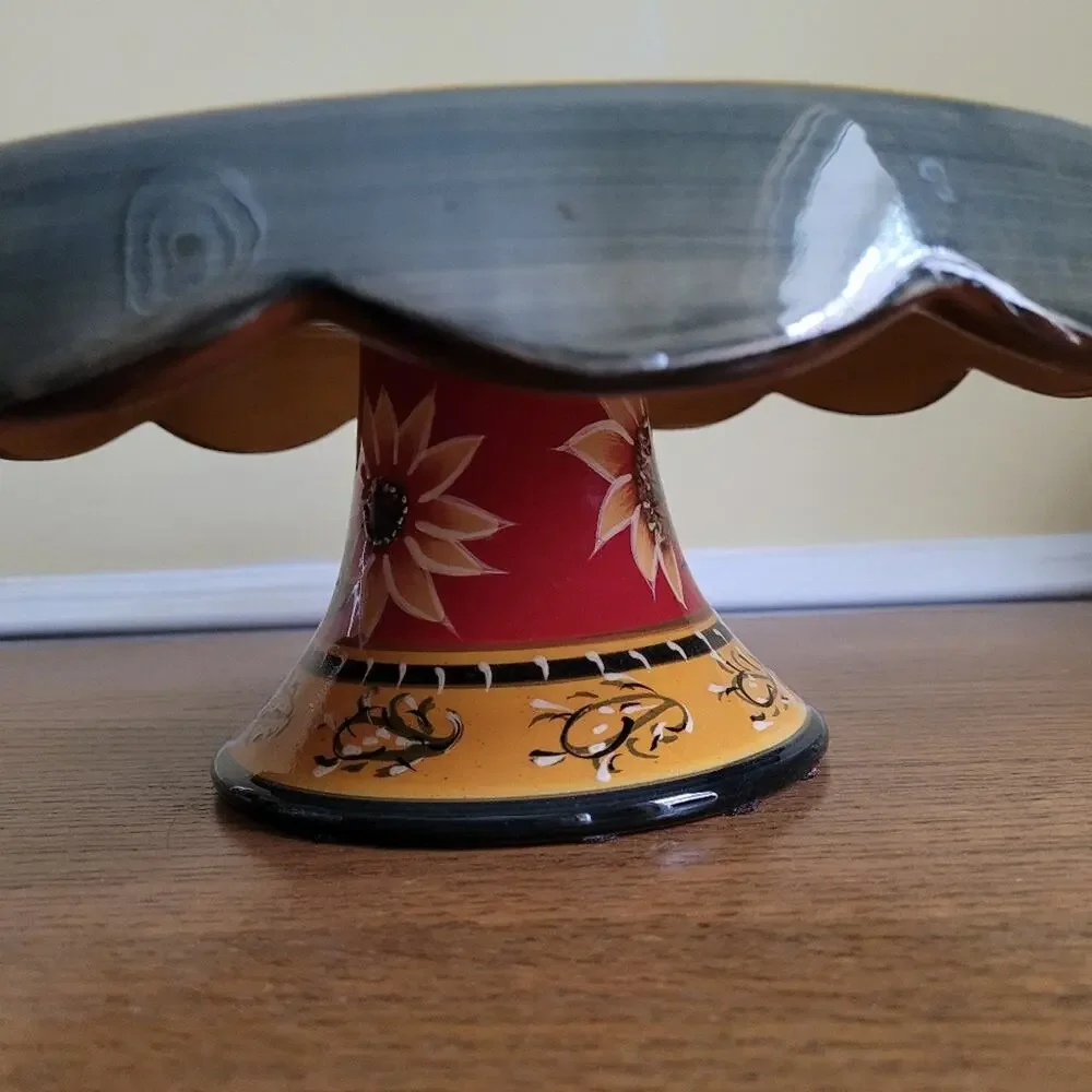 Pier 1 Imports Sunflower Hand Painted Terracotta Pedestal Harvest Cake Stand